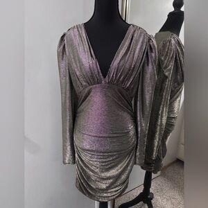 Shimmering Metallic Shirred Bodycon Long Sleeve Dress